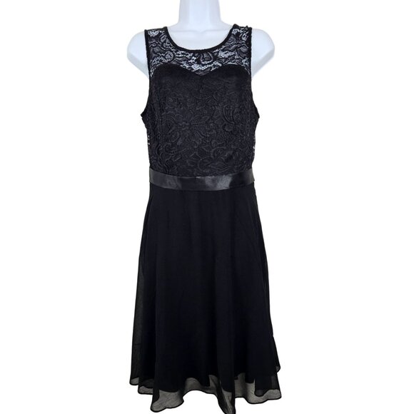Womens XL Elegant Black Lace Cocktail Party Dress Satin Bow & Mesh Skirt A-Line - Picture 4 of 13
